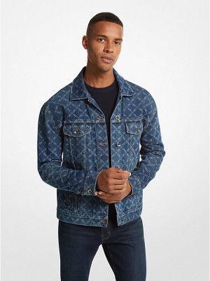 Men Michael Kors Empire Logo Print Denim Jackets Navy | XURKZI-903