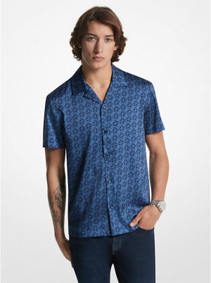 Men Michael Kors Empire Signature Logo Print Satin Shirts Navy | NTVZQC-903