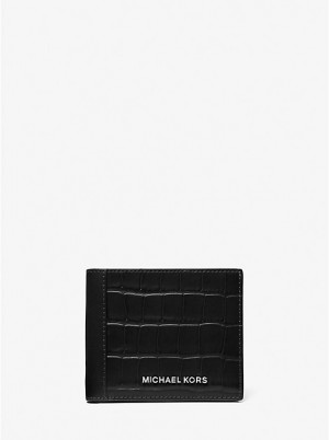 Men Michael Kors Hudson Crocodile Embossed Leather Billfold Wallets Black | QTLFWM-496