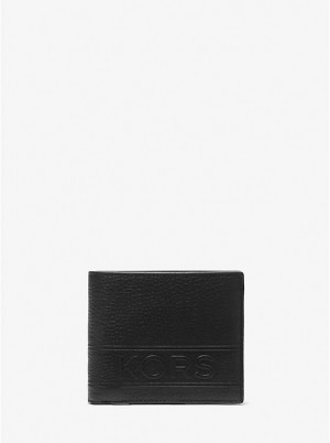 Men Michael Kors Hudson Pebbled Leather Billfold With Coin Pouch Wallets Black | YIDMBR-329