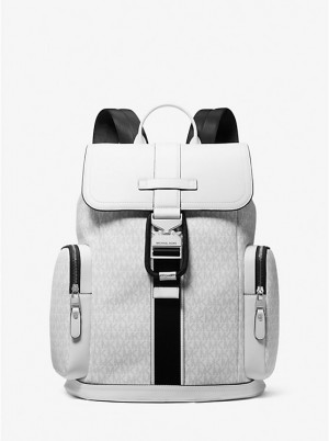 Men Michael Kors Hudson Signature Logo and Leather Cargo Backpack White | EGPIVY-127