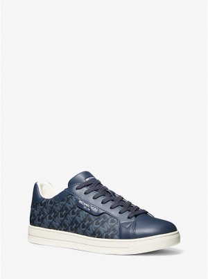 Men Michael Kors Keating Empire Signature Logo and Leather Sneakers Navy | ARPKDT-816