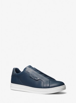 Men Michael Kors Keating Leather Slip-On Sneakers Navy | CLMVYQ-614