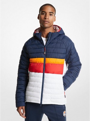 Men Michael Kors MK x ellesse Breckenridge Color-Blocked Quilted Nylon Puffer Jackets Navy | PXVMNF-295