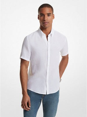 Men Michael Kors Slim-Fit Linen Shirts White | TUPDXB-613