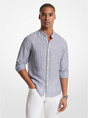 Men Michael Kors Striped Linen Blend Shirts Blue | GKALUH-461