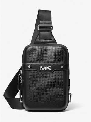 Men Michael Kors Varick Medium Textured Leather Sling Pack Crossbody Bags Black | MWRTXQ-189