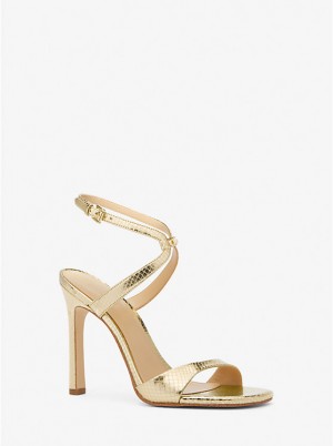 Women Michael Kors Amara Metallic Snake Embossed Leather Sandals Gold | CGVOBX-439