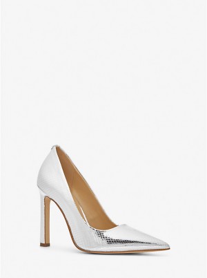 Women Michael Kors Amara Metallic Snake Embossed Leather Pumps Silver | ICHVMW-527