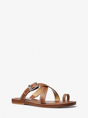 Women Michael Kors Ashton Leather Flat Sandals Brown | RPMXVA-827