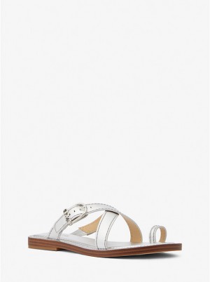 Women Michael Kors Ashton Metallic Leather Flat Sandals Silver | NJHMIZ-465