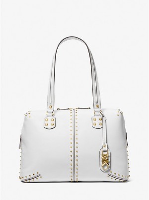 Women Michael Kors Astor Large Studded Leather Tote Bag White | CVRSNT-805