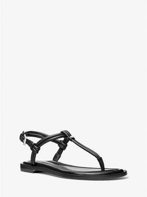 Women Michael Kors Astra Leather T-Strap Sandals Black | QOTUHB-356