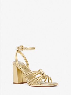 Women Michael Kors Astra Metallic Leather Sandals Gold | FVAZME-485