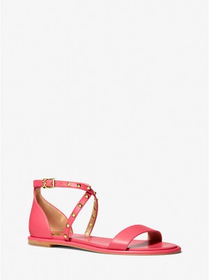 Women Michael Kors Astrid Studded Leather Flat Sandals Red | SFADNT-543