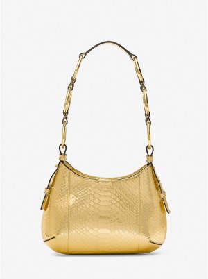 Women Michael Kors Bardot Mini Metallic Python Embossed Leather Shoulder Bags Gold | LFXMZI-179