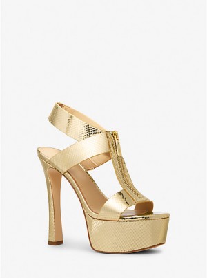 Women Michael Kors Berkley Metallic Snake Embossed Leather Platform Sandals Gold | SEXIWJ-198