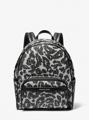 Women Michael Kors Bex Leopard Logo Backpack Black | AKWCPL-037