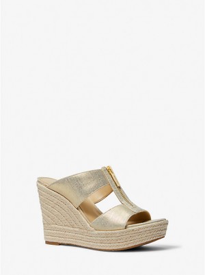 Women Michael Kors Bradley Metallic Canvas Wedge Sandals Gold | CPYQEA-715