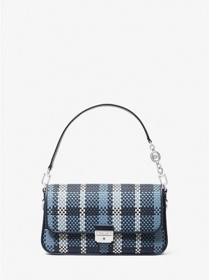 Women Michael Kors Bradshaw Small Woven Leather Convertible Shoulder Bags Navy Multicolor | YMGBIX-982