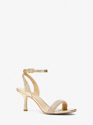 Women Michael Kors Carrie Embellished Metallic Snake Embossed Leather Sandals Gold | WJCXFM-054