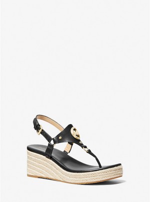 Women Michael Kors Casey Leather Wedge Sandals Black | GXCUQZ-263