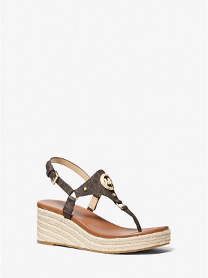 Women Michael Kors Casey Signature Logo Wedge Sandals Brown | GIFDWY-670