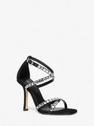 Women Michael Kors Celia Crystal Embellished Suede Sandals Black | JMHFSB-546