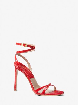 Women Michael Kors Chrissy Crocodile Embossed Leather Sandals Red | WPFMBX-853