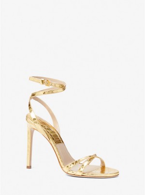 Women Michael Kors Chrissy Metallic Python Embossed Leather Sandals Gold | GONJQZ-475