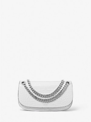 Women Michael Kors Christie Mini Crocodile Embossed Leather Shoulder Bags White | PVGQCX-192