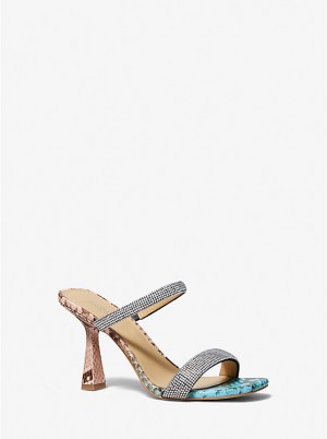 Women Michael Kors Clara Embellished Snake Embossed Sandals Blue Multicolor | DVWFEA-876