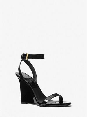 Women Michael Kors Claudia Patent Leather Wedge Sandals Black | GNRKMD-260