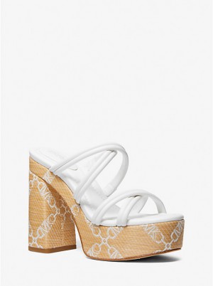 Women Michael Kors Corrine Empire Logo Jacquard Straw Platform Sandals White | TLSUIJ-845