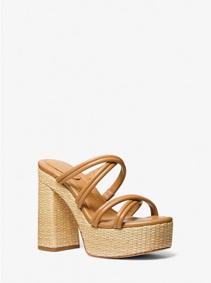 Women Michael Kors Corrine Leather and Straw Platform Sandals Brown | EQSWVR-420