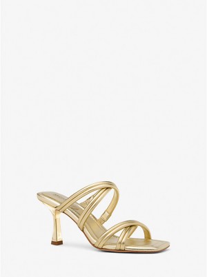 Women Michael Kors Corrine Metallic Leather Sandals Gold | WDSVCO-265