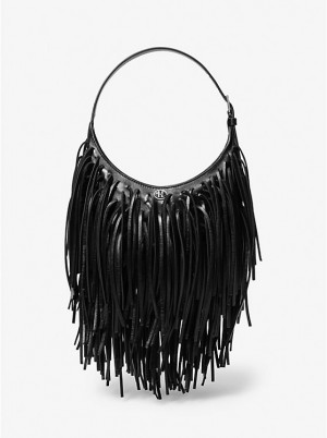 Women Michael Kors Dyan Small Fringed Leather Shoulder Bags Black | BWLARC-637