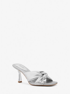 Women Michael Kors Elena Metallic Leather Sandals Silver | GEQHZD-541