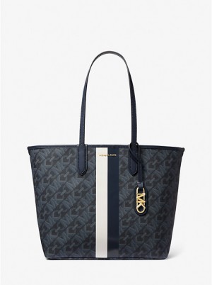 Women Michael Kors Eliza Large Empire Signature Logo Stripe Tote Bag Navy | IJPLTY-385