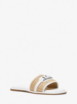 Women Michael Kors Ember Embellished Straw Slide Sandals White | BPGIXC-562