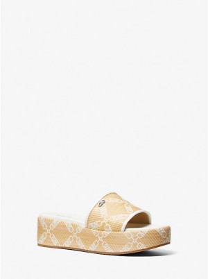 Women Michael Kors Ember Empire Logo Jacquard Straw Platform Sandals Yellow | EGJABU-820