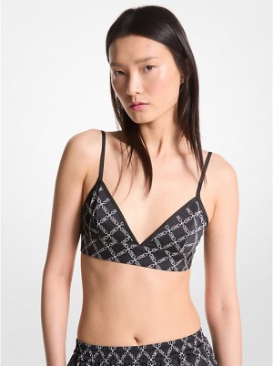 Women Michael Kors Empire Logo Print Satin Bra Tops Black / White | GSQABW-576