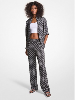 Women Michael Kors Empire Logo Satin Pajama Pants Black / White | AIYOQU-059