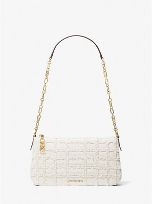 Women Michael Kors Empire Medium Frayed Denim Chain-Link Pochette Handbag White | YMOTCB-736