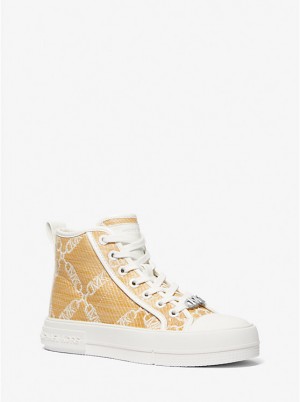 Women Michael Kors Evy Empire Logo Jacquard Straw High-Top Sneakers Yellow | EVOIYB-678