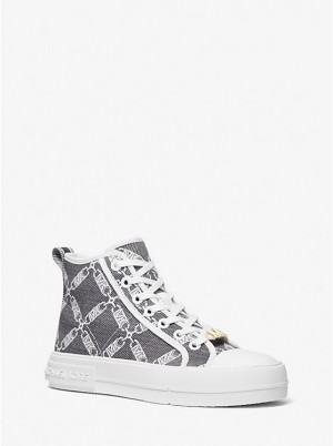 Women Michael Kors Evy Empire Logo Jacquard High-Top Sneakers Black / White | UZDKQF-597