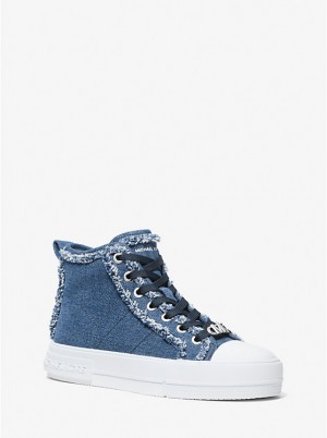 Women Michael Kors Evy Frayed Denim High-Top Sneakers Blue | PSOKFE-503