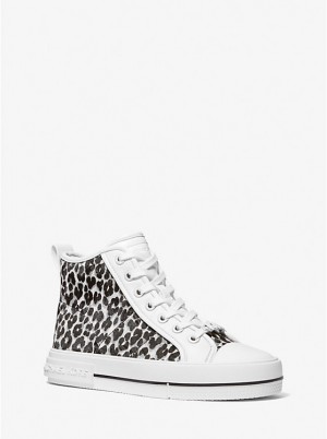 Women Michael Kors Evy Leopard Print Calf Hair High-Top Sneakers Black | KWDEVJ-821