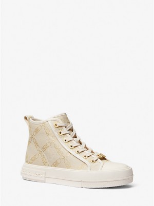 Women Michael Kors Evy Metallic Empire Logo Jacquard High-Top Sneakers Gold / Beige | TASIOE-493