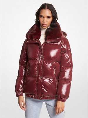 Women Michael Kors Faux Fur-Trim Quilted Nylon Puffer Jackets Burgundy | MRSTCH-164